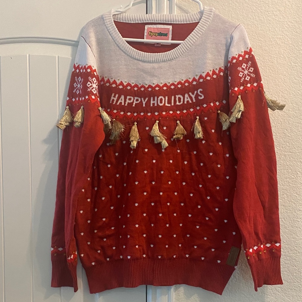 Tipsy Elves Red and White Holiday Sweater with Gold Accents, Sz L